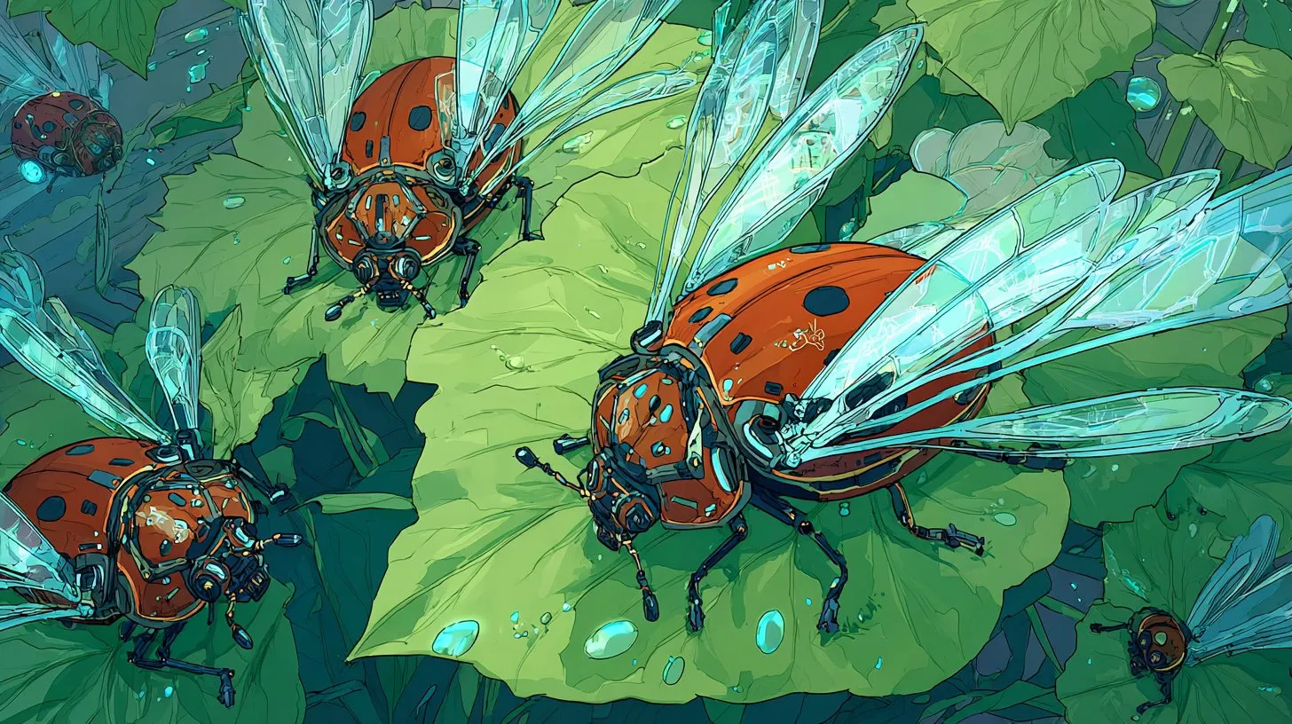 Ilustración de drones con forma de mariquita sobre hojas verdes.